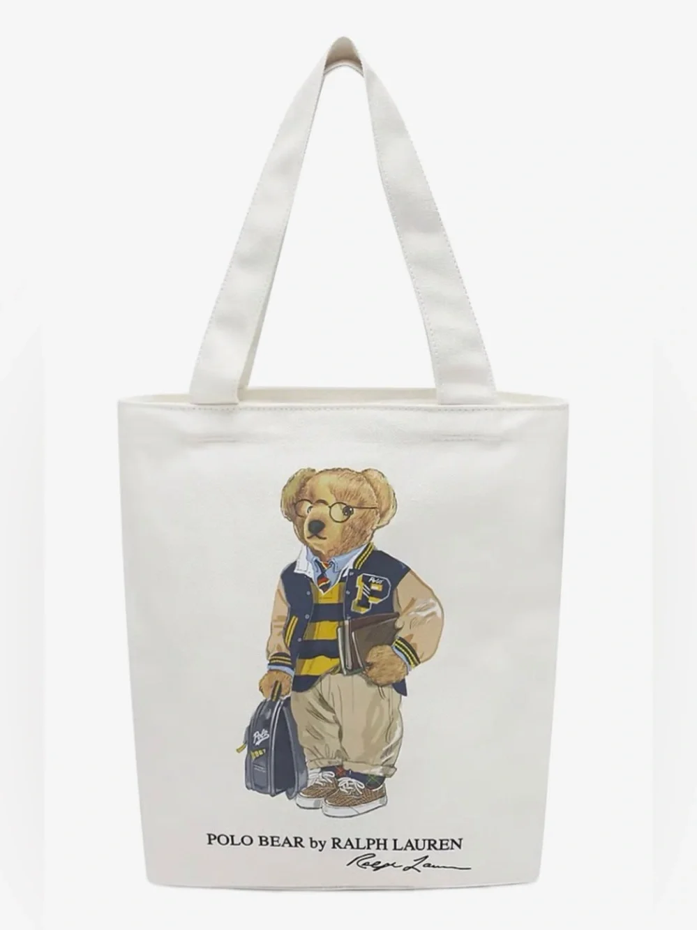 Polo Ralph Lauren Natural BOY BACK TO SCHOOL BEAR 13.0” Canvas Zip Top Tote Bag